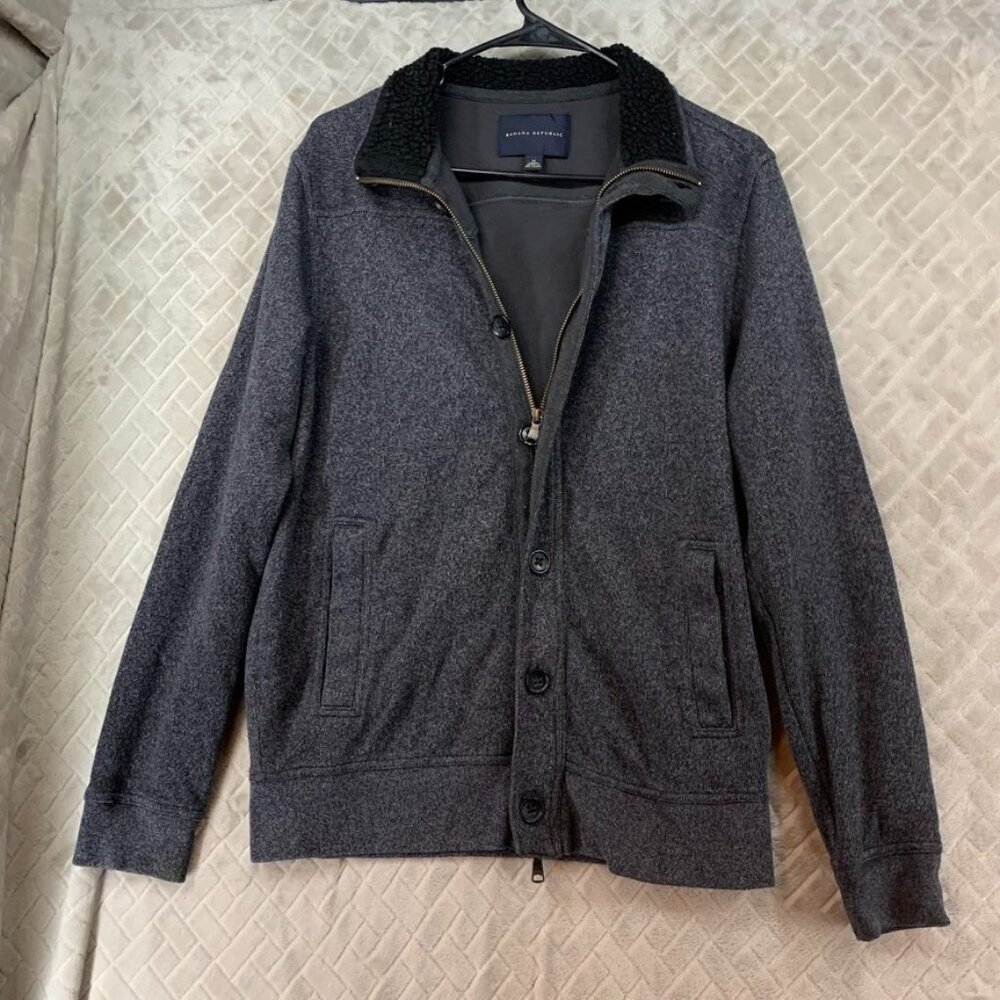 Banana Republic Mens Medium Sweater Gray Zip Up Woolen Cotton Minimalist Preppy